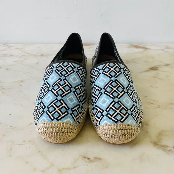 TORY BURCH Blue Brown 4T Logo Print Canvas/Veg Leather Espadrille Flats - US 6.5 - Picture 2 of 7